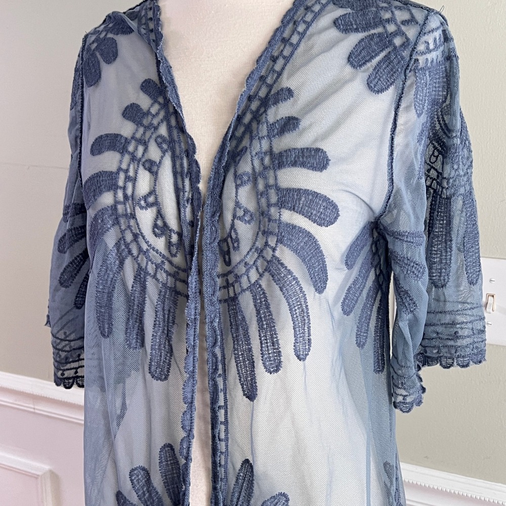 Rebellion Lace Sheer Kimono Cardigan OS Women Hippie Mesh Blue Layering Ethereal - Picture 2 of 12